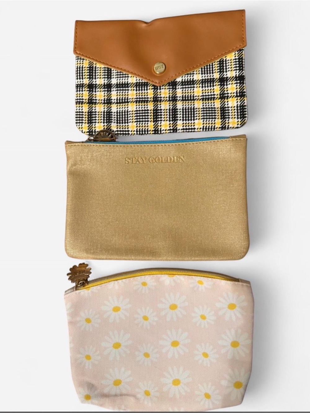 ipsy Plaid & Tan Envelope, Gold Metallic Pouch, Pink Daisy Zip Pouch